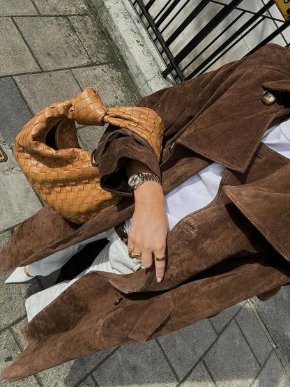 Manteau Trench en Suède Élégant avec Ceinture Ajustable – Style Classique et Confort Moderne