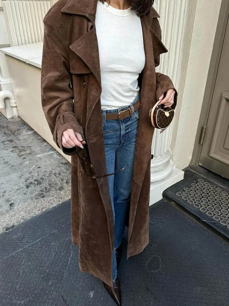 Manteau Trench en Suède Élégant avec Ceinture Ajustable – Style Classique et Confort Moderne