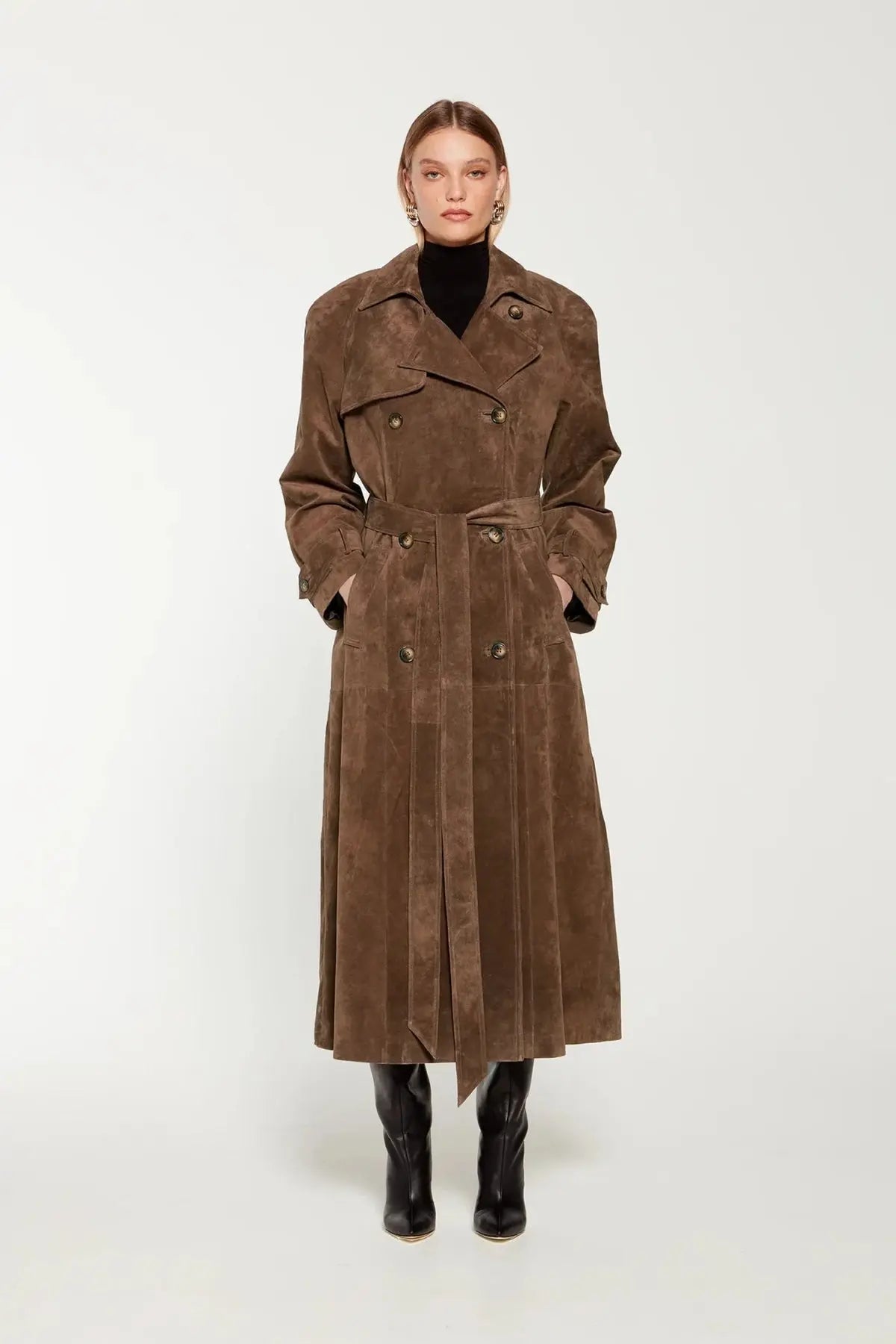 Manteau Trench en Suède Élégant avec Ceinture Ajustable – Style Classique et Confort Moderne