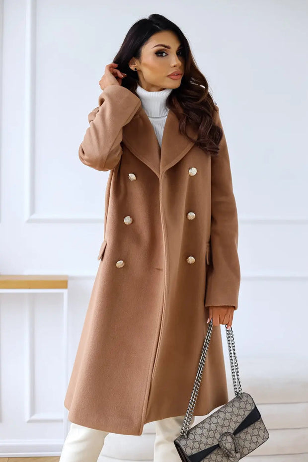 Women's Long Wool Coat with Double Buttoning – Classic Elegance and Comfort for Cold Days