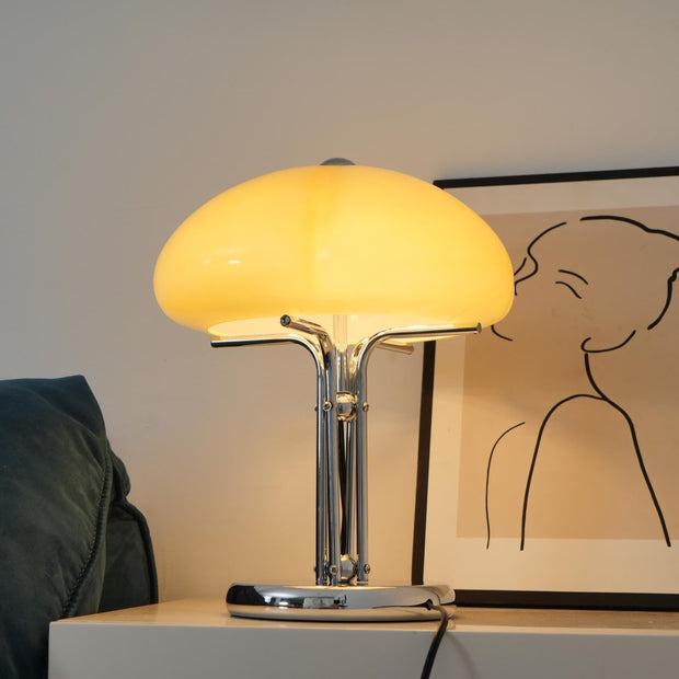 Elegantly designed Bauhaus table lamp by Pilz – Chic fusion of glass and metal with warm amber lampshade