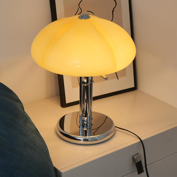Elegantly designed Bauhaus table lamp by Pilz – Chic fusion of glass and metal with warm amber lampshade