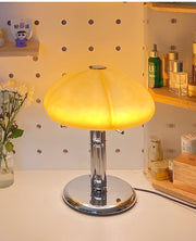 Elegantly designed Bauhaus table lamp by Pilz – Chic fusion of glass and metal with warm amber lampshade