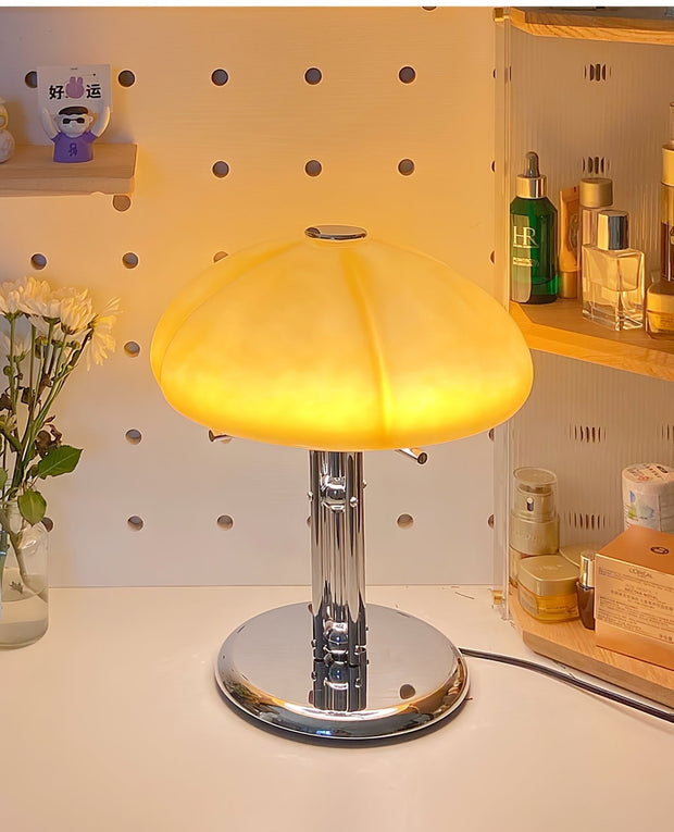 Elegantly designed Bauhaus table lamp by Pilz – Chic fusion of glass and metal with warm amber lampshade