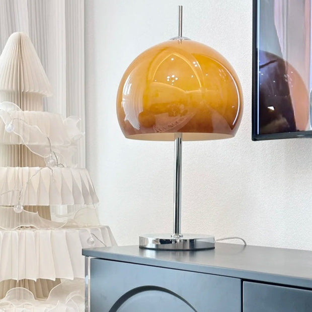 Elegantly designed Bauhaus table lamp by Pilz – Chic fusion of glass and metal with warm amber lampshade