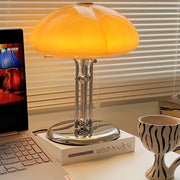 Elegantly designed Bauhaus table lamp by Pilz – Chic fusion of glass and metal with warm amber lampshade