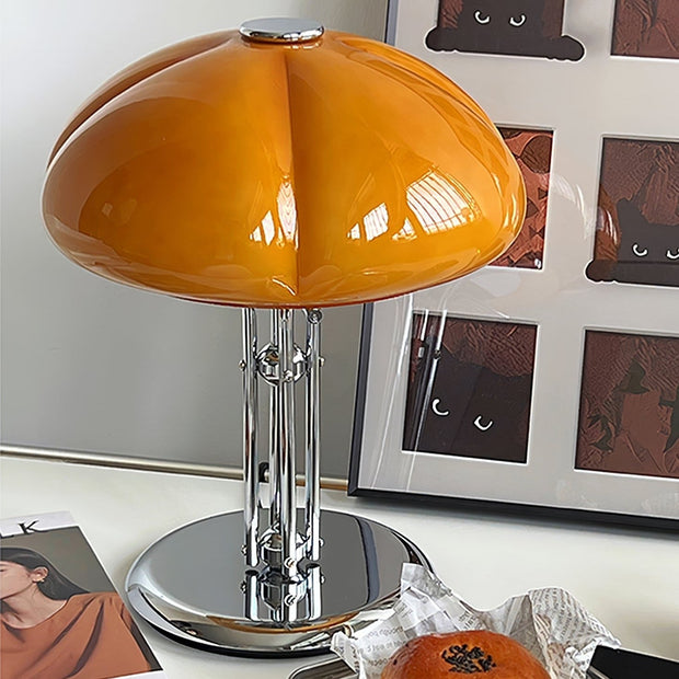 Elegantly designed Bauhaus table lamp by Pilz – Chic fusion of glass and metal with warm amber lampshade
