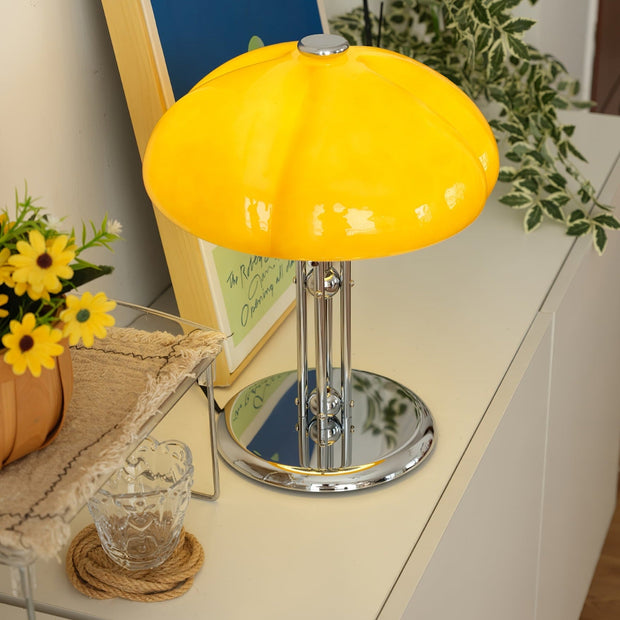 Elegantly designed Bauhaus table lamp by Pilz – Chic fusion of glass and metal with warm amber lampshade