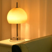 Elegantly designed Bauhaus table lamp by Pilz – Chic fusion of glass and metal with warm amber lampshade
