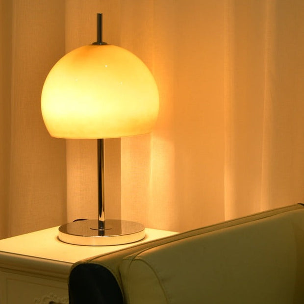 Elegantly designed Bauhaus table lamp by Pilz – Chic fusion of glass and metal with warm amber lampshade