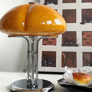Elegantly designed Bauhaus table lamp by Pilz – Chic fusion of glass and metal with warm amber lampshade