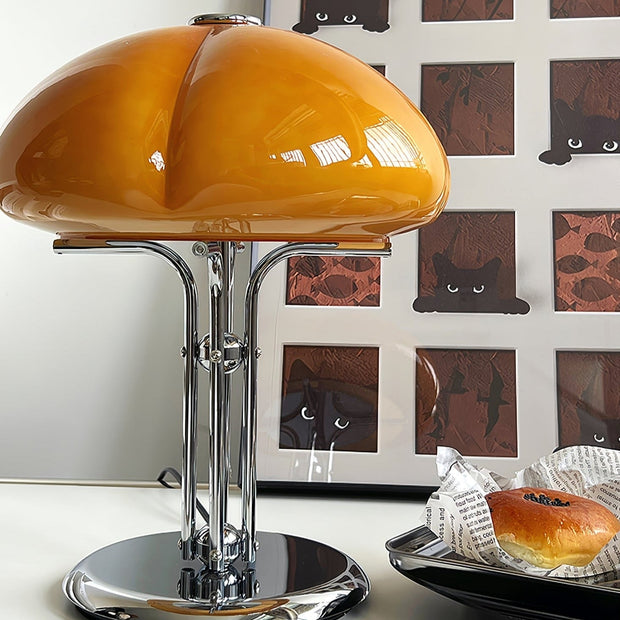 Elegantly designed Bauhaus table lamp by Pilz – Chic fusion of glass and metal with warm amber lampshade
