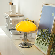 Elegantly designed Bauhaus table lamp by Pilz – Chic fusion of glass and metal with warm amber lampshade