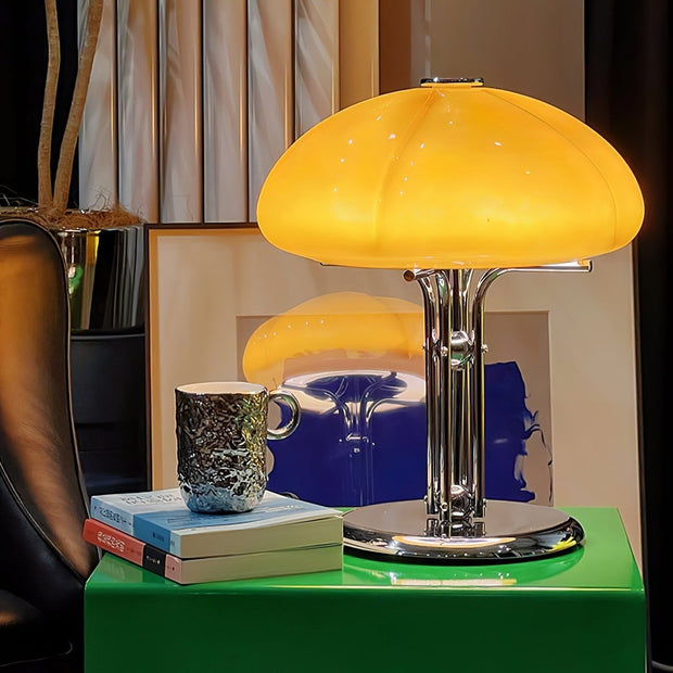 Elegantly designed Bauhaus table lamp by Pilz – Chic fusion of glass and metal with warm amber lampshade