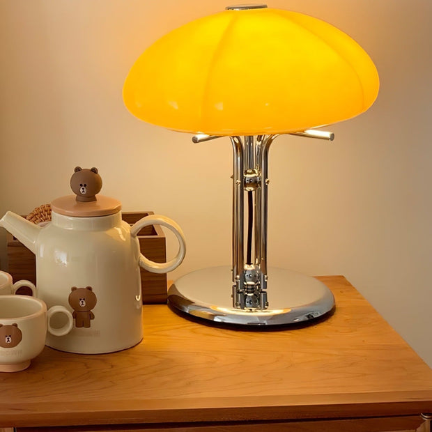 Elegantly designed Bauhaus table lamp by Pilz – Chic fusion of glass and metal with warm amber lampshade
