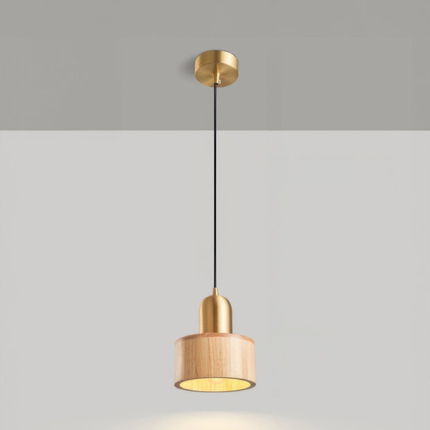 Elegant Cylindrical Suspension – Chic Brass and Wood Design with Integrated LED Lighting