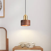 Elegant Cylindrical Suspension – Chic Brass and Wood Design with Integrated LED Lighting