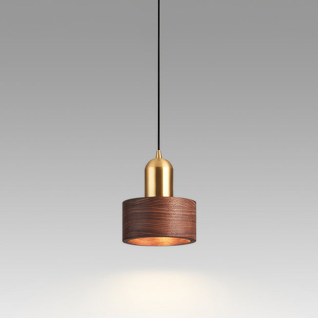 Elegant Cylindrical Suspension – Chic Brass and Wood Design with Integrated LED Lighting