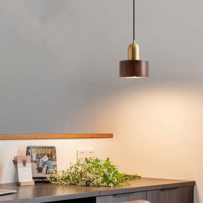 Suspension Cylindrique Élégante – Design en Laiton et Bois Chic avec Éclairage LED Intégré