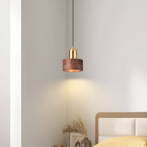 Elegant Cylindrical Suspension – Chic Brass and Wood Design with Integrated LED Lighting