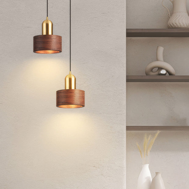 Elegant Cylindrical Suspension – Chic Brass and Wood Design with Integrated LED Lighting