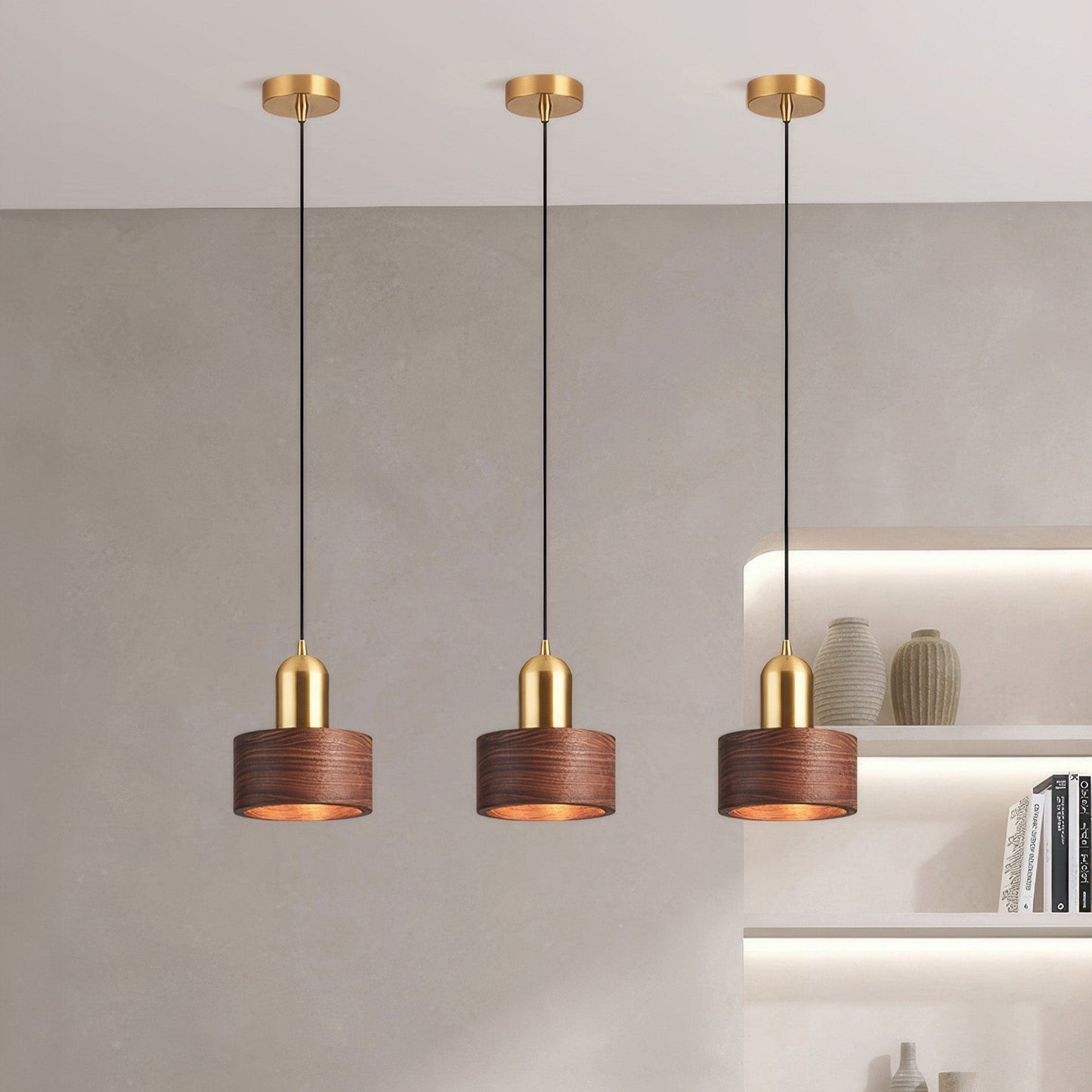 Suspension Cylindrique Élégante – Design en Laiton et Bois Chic avec Éclairage LED Intégré