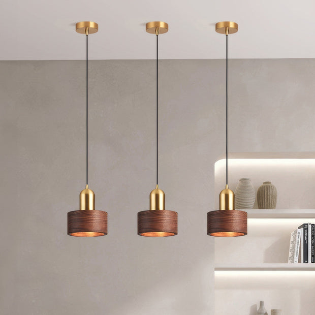 Elegant Cylindrical Suspension – Chic Brass and Wood Design with Integrated LED Lighting