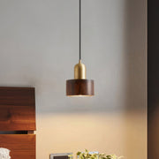 Elegant Cylindrical Suspension – Chic Brass and Wood Design with Integrated LED Lighting