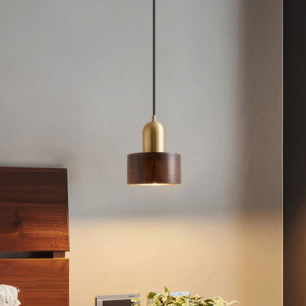 Elegant Cylindrical Suspension – Chic Brass and Wood Design with Integrated LED Lighting