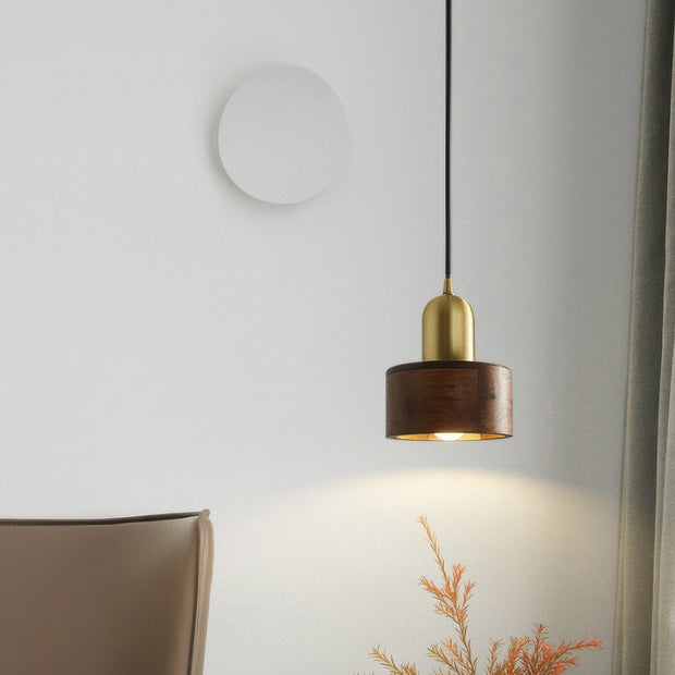 Elegant Cylindrical Suspension – Chic Brass and Wood Design with Integrated LED Lighting