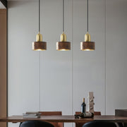 Elegant Cylindrical Suspension – Chic Brass and Wood Design with Integrated LED Lighting