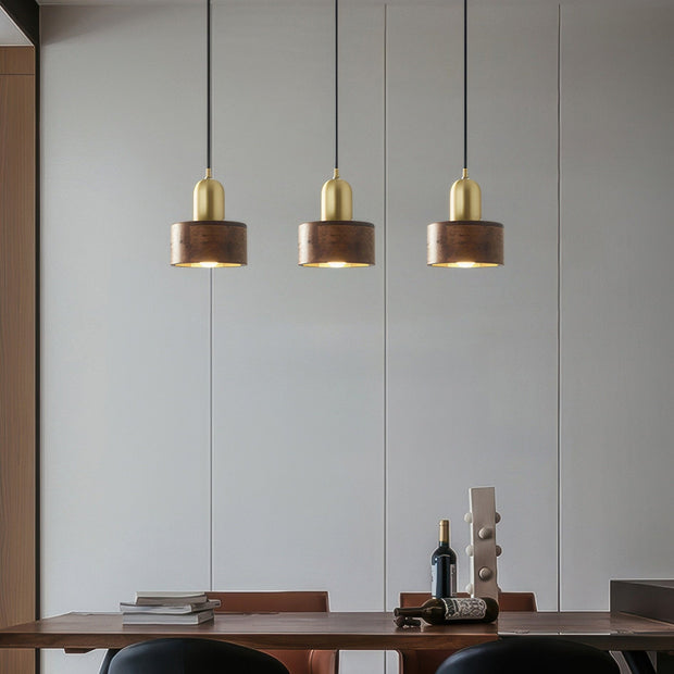 Elegant Cylindrical Suspension – Chic Brass and Wood Design with Integrated LED Lighting