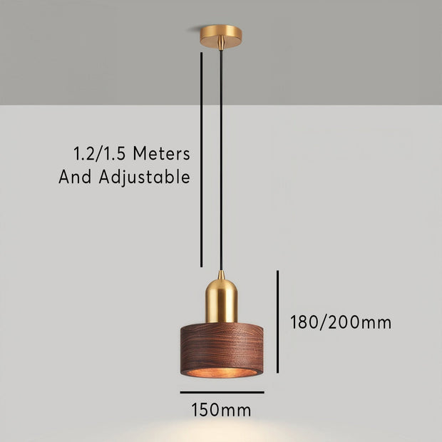 Elegant Cylindrical Suspension – Chic Brass and Wood Design with Integrated LED Lighting