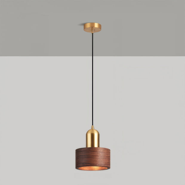 Elegant Cylindrical Suspension – Chic Brass and Wood Design with Integrated LED Lighting