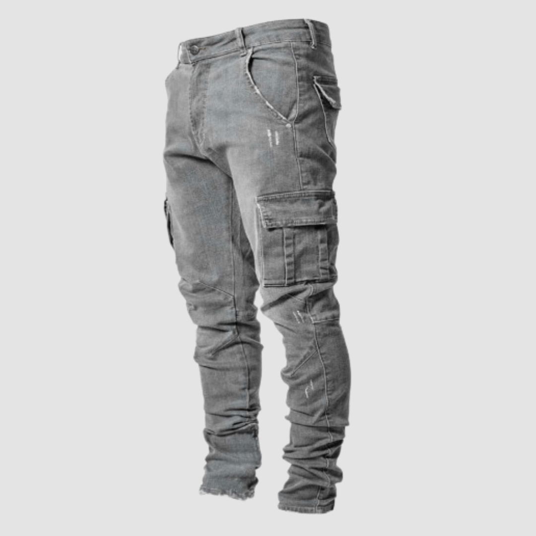 Pantalon Cargo Homme Slim en Denim Élastique avec Poches Fonctionnelles – Style Moderne et Confort Optimal