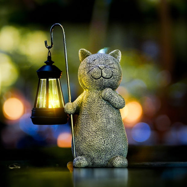 Enchanted golden solar cat statue - Stunning outdoor decor with illuminating LED lights