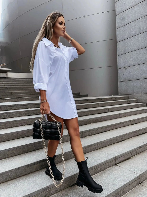 Women's Long White Shirt Dress in Premium Polyester Blend - Comfortable and Elegant for All Occasions