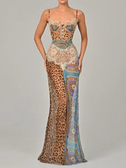 Long Dress Women Lace Printed Nuria, Maxi Summer Dress Elastic in Polyester and Spandex, Elegant for Wedding and Casual