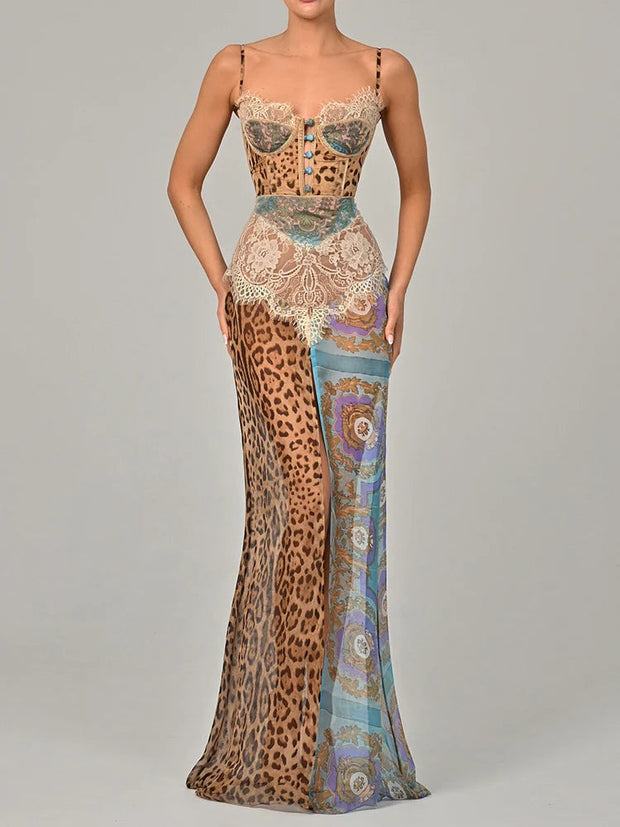 Long Dress Women Lace Printed Nuria, Maxi Summer Dress Elastic in Polyester and Spandex, Elegant for Wedding and Casual