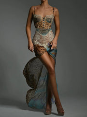 Long Dress Women Lace Printed Nuria, Maxi Summer Dress Elastic in Polyester and Spandex, Elegant for Wedding and Casual