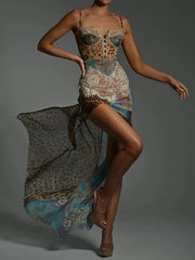 Long Dress Women Lace Printed Nuria, Maxi Summer Dress Elastic in Polyester and Spandex, Elegant for Wedding and Casual