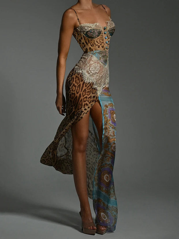Long Dress Women Lace Printed Nuria, Maxi Summer Dress Elastic in Polyester and Spandex, Elegant for Wedding and Casual