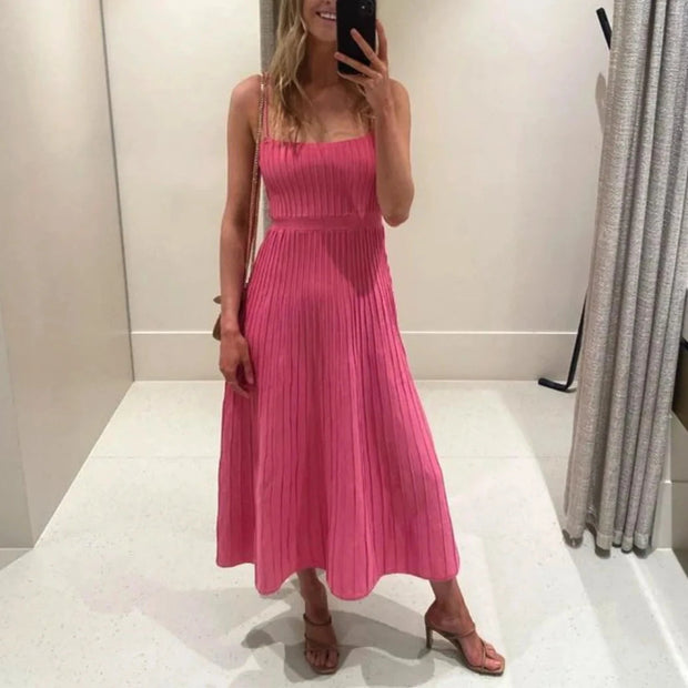 Elegant Knitted Pleated Long Dress for Women – Comfortable Maxi Dress in Polyester and Spandex