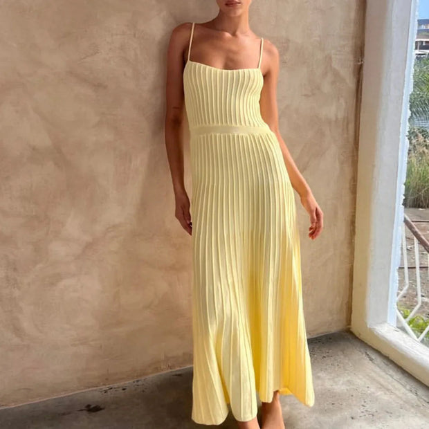 Elegant Knitted Pleated Long Dress for Women – Comfortable Maxi Dress in Polyester and Spandex