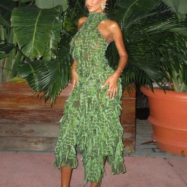 Elegant Maxi Dress with Long Sleeves and Fringe Details – Premium Polyester Fabric