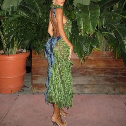 Robe Maxi Élégante à Manches Longues avec Détails à Franges – Tissu en Polyester Premium