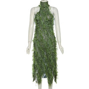 Elegant Maxi Dress with Long Sleeves and Fringe Details – Premium Polyester Fabric
