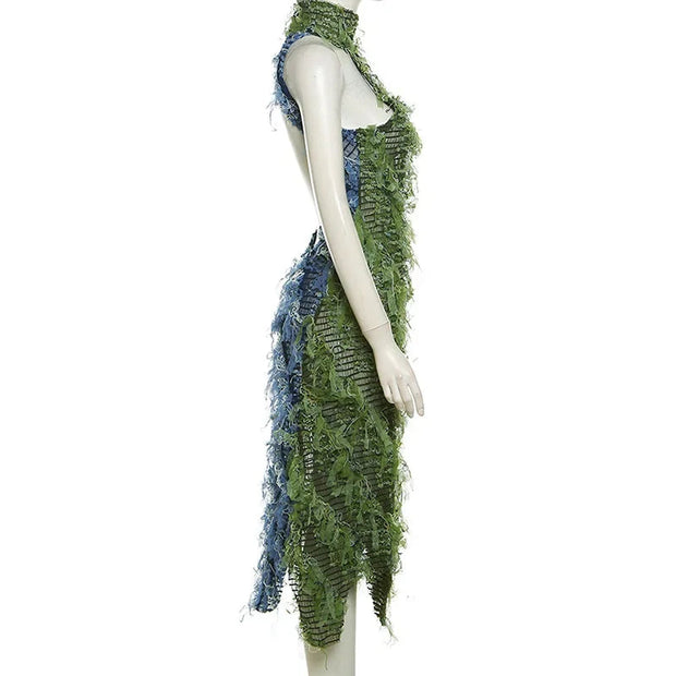 Elegant Maxi Dress with Long Sleeves and Fringe Details – Premium Polyester Fabric