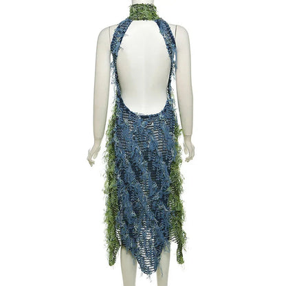 Robe Maxi Élégante à Manches Longues avec Détails à Franges – Tissu en Polyester Premium