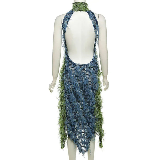 Elegant Maxi Dress with Long Sleeves and Fringe Details – Premium Polyester Fabric